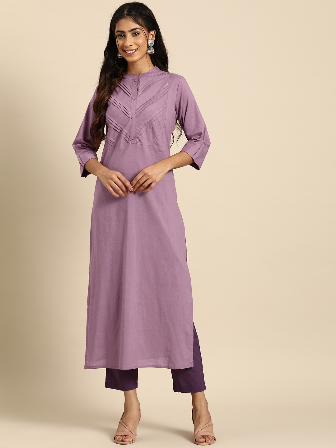 

Nayo Solid Mandarin Collar Pure Cotton Straight Kurta, Purple