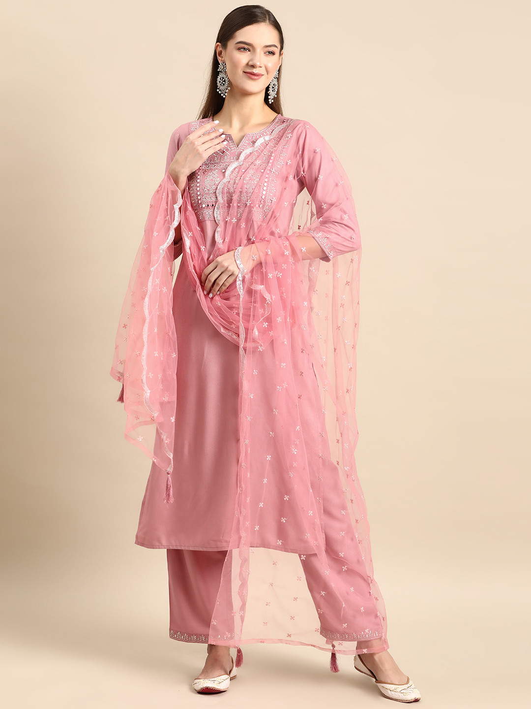 

Nayo Women Floral Yoke Design Regular Mirror Work Kurta with Palazzos & With Dupatta, Pink