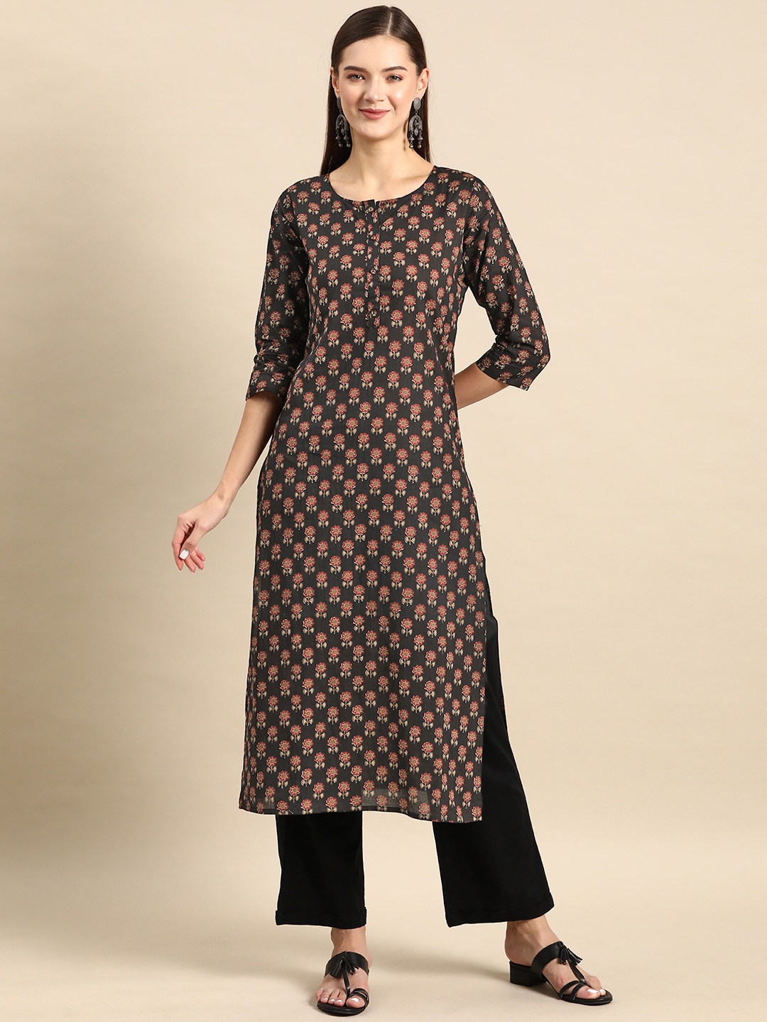 

Nayo Women Ethnic Motifs Printed Cotton Kurta, Black