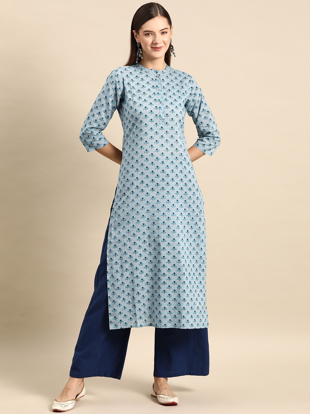 

Nayo Women Ethnic Motifs Printed Cotton Kurta, Turquoise blue