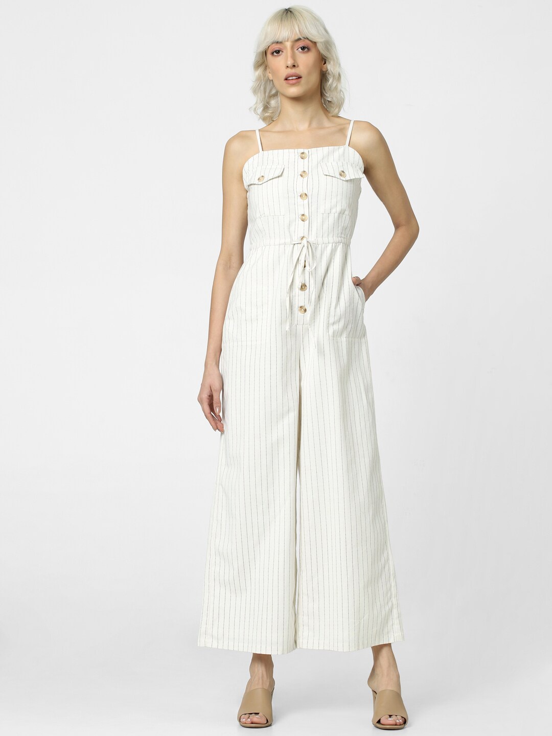 

ONLY Uex Onlzerpr Striped Cotton Basic Jumpsuit, Off white