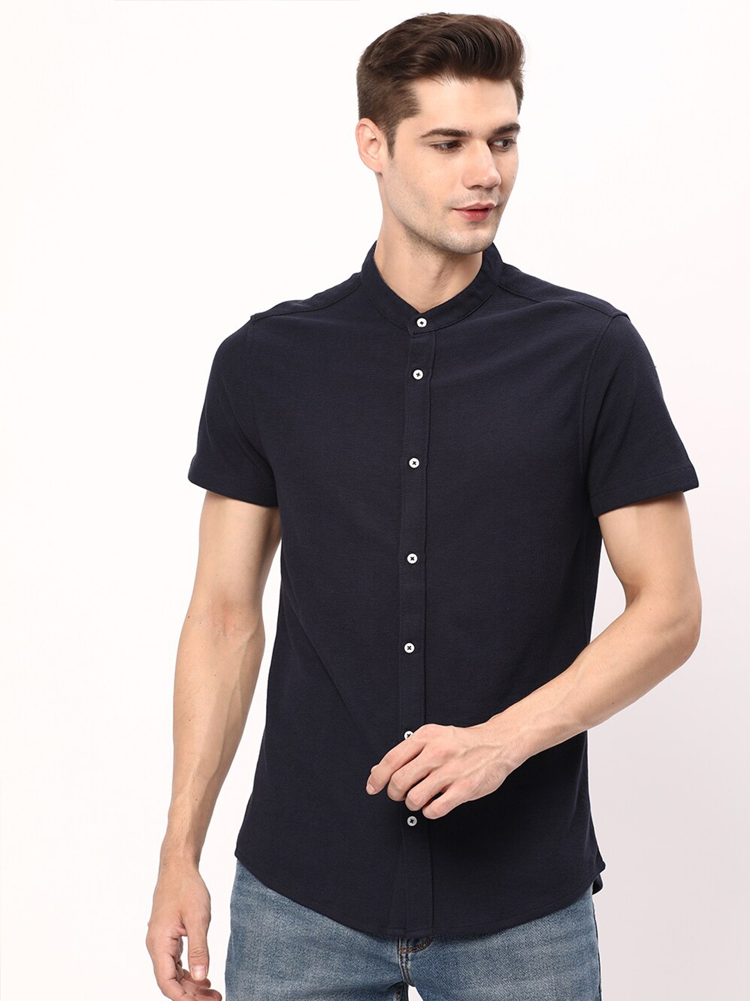 

R&B Band Collar Cotton Casual Shirt, Blue