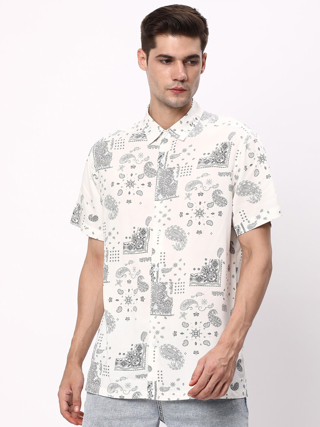 

R&B Ethnic Printed Casual Shirt, White