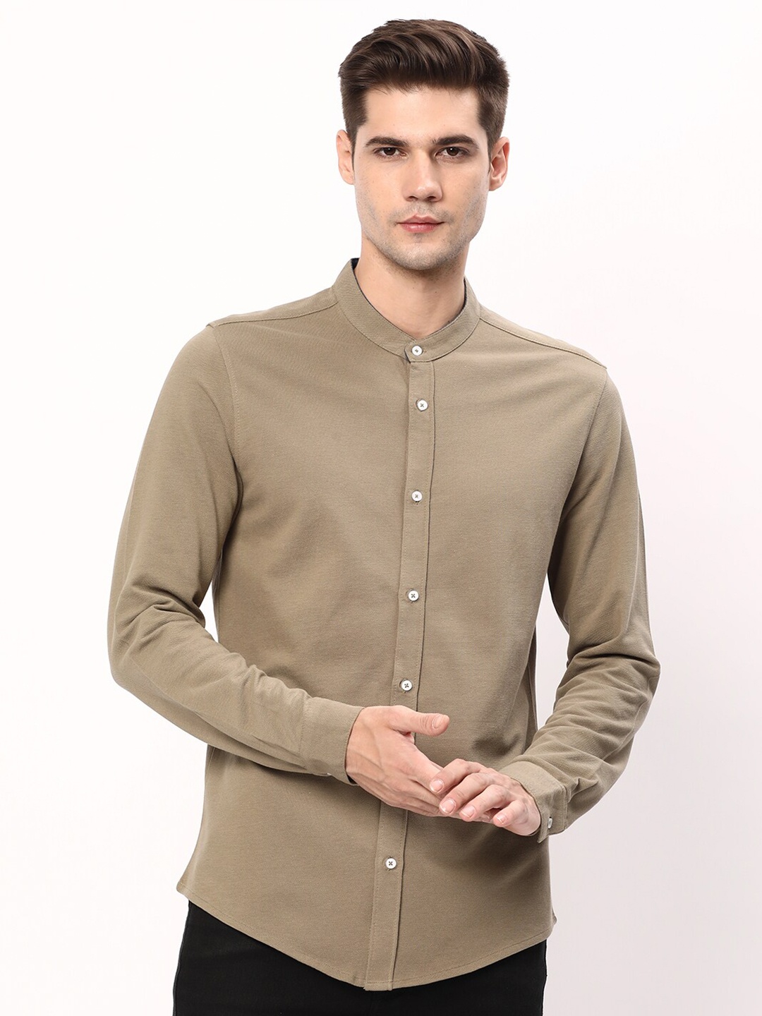 

R&B Band Collar Cotton Casual Shirt, Khaki