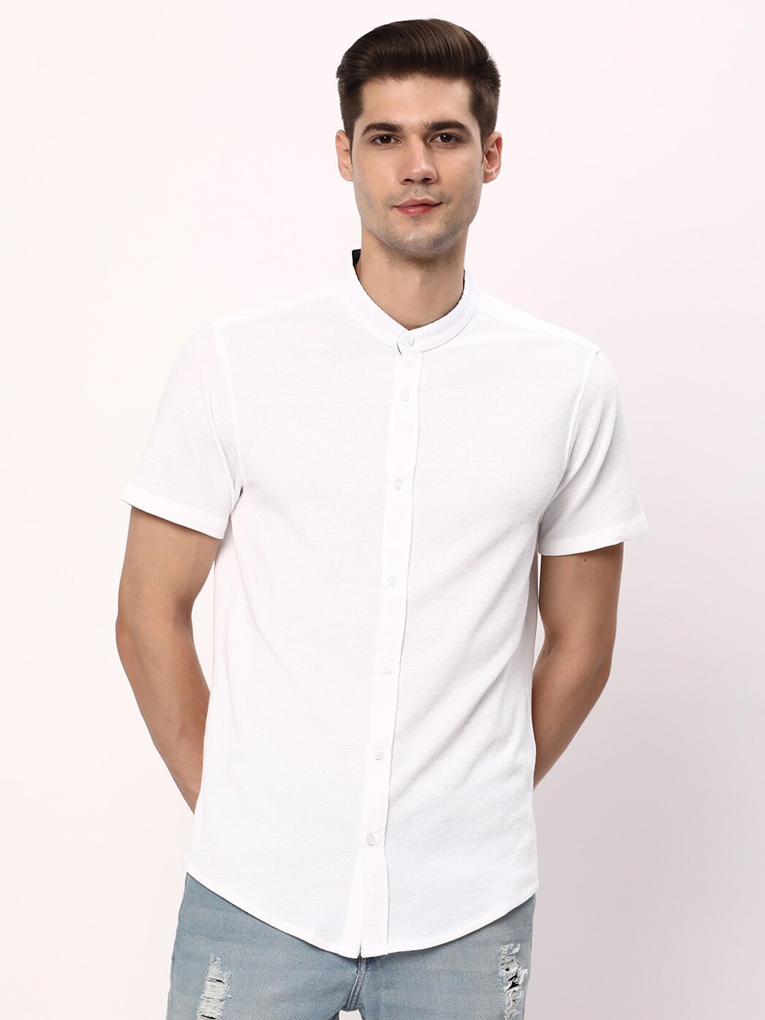 

R&B Band Collar Cotton Casual Shirt, White