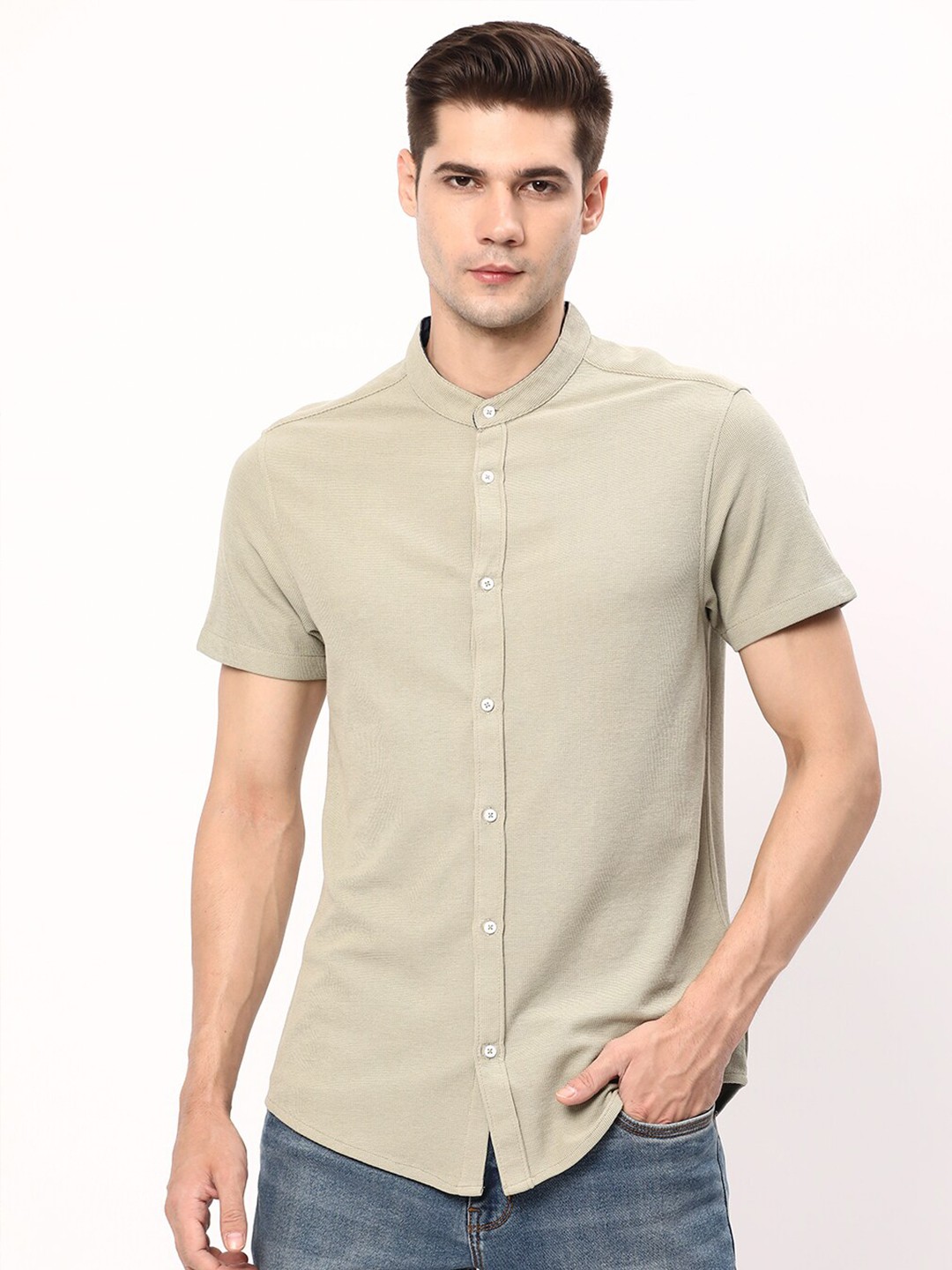 

R&B Band Collar Cotton Casual Shirt, Khaki