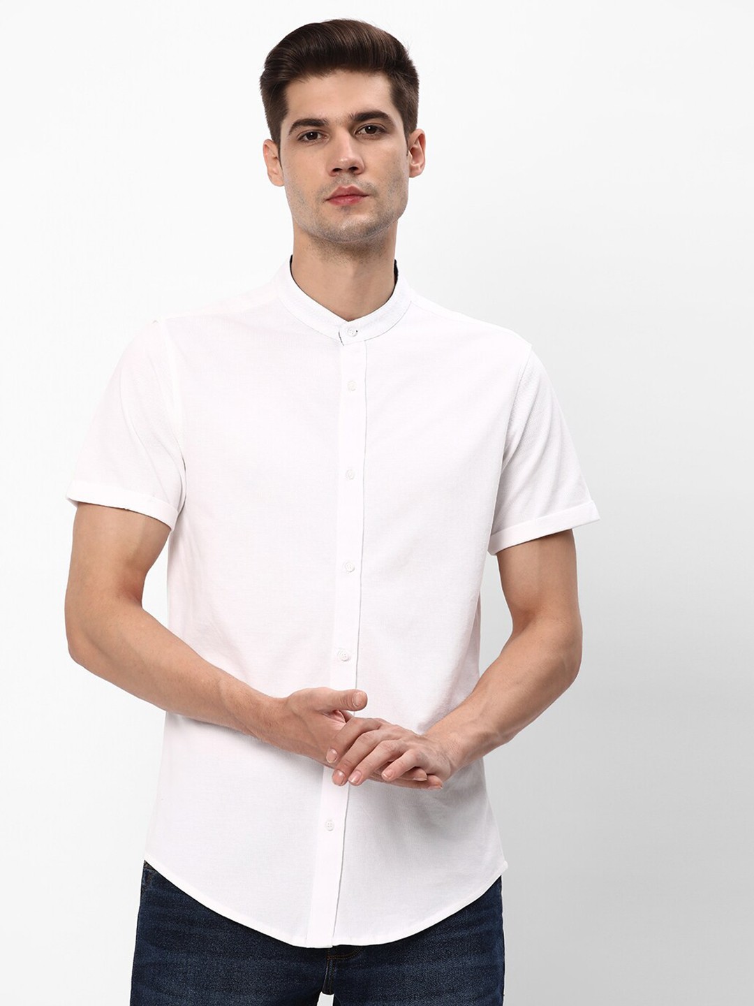 

R&B Band Collar Cotton Casual Shirt, White