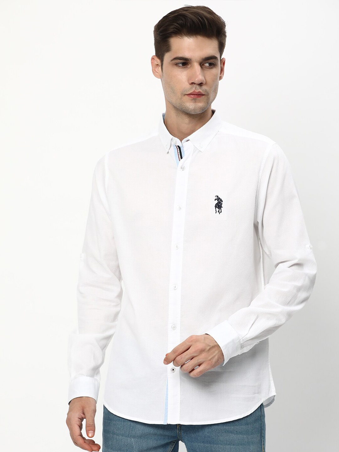 

R&B Button-Down Collar Cotton Casual Shirt, White