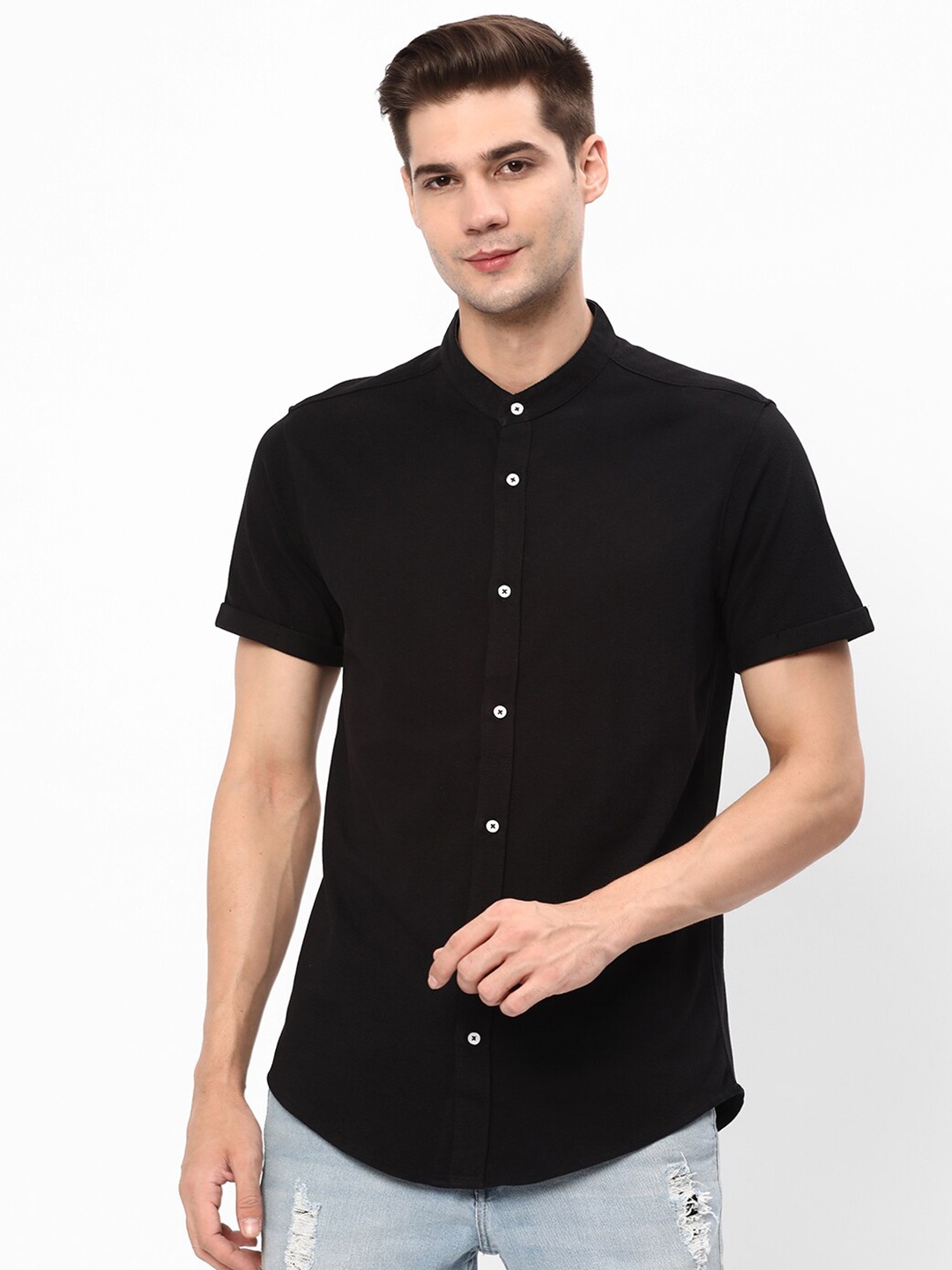 

R&B Band Collar Cotton Casual Shirt, Black