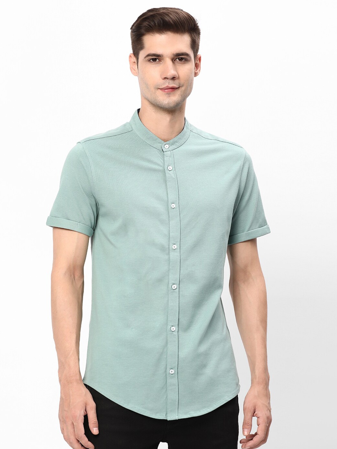 

R&B Band Collar Casual Cotton Shirt, Green