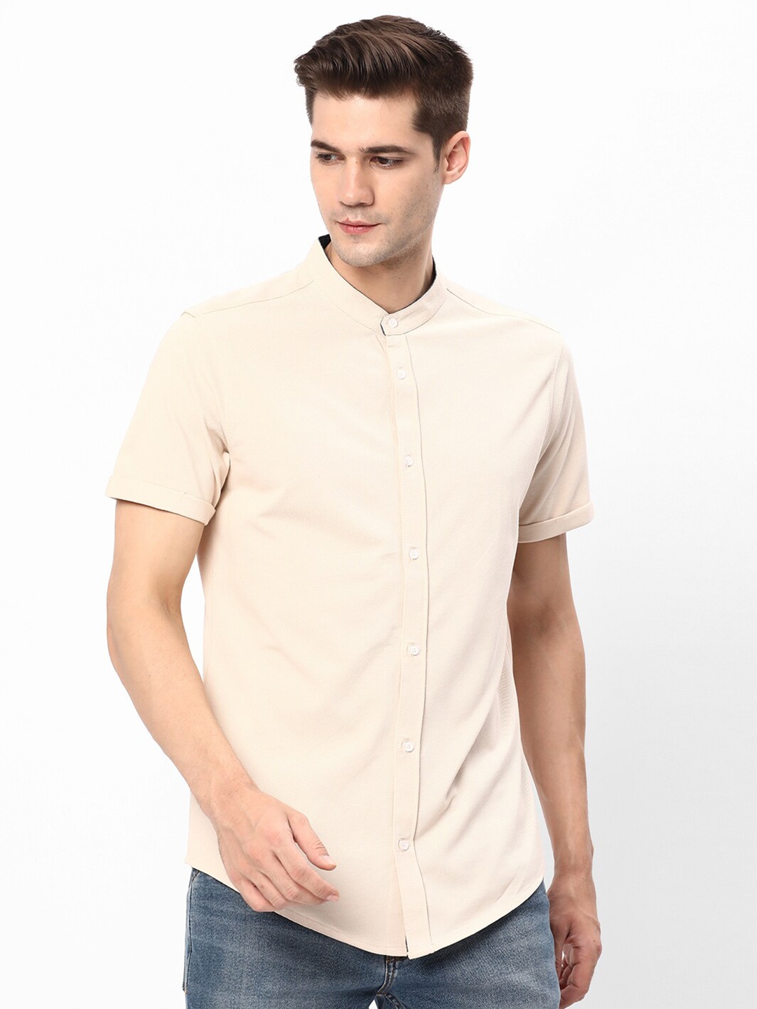 

R&B Band Collar Cotton Casual Shirt, Beige