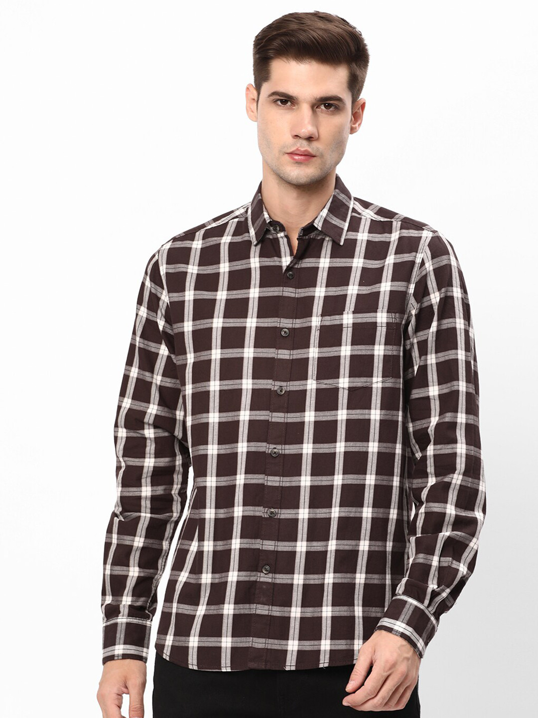 

R&B Tartan Checked Casual Cotton Shirt, Brown