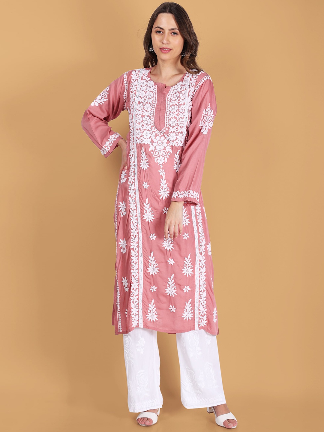 

Syrish Floral Embroidered Chikankari Straight Kurta, Pink