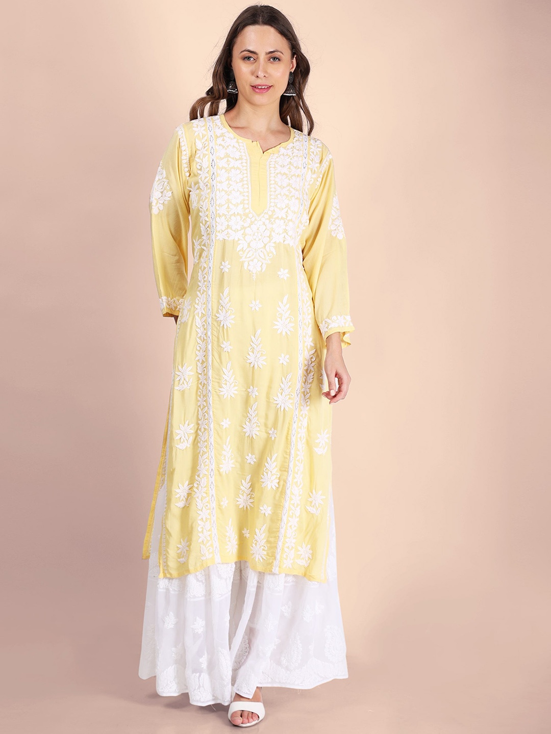 Syrish Floral Embroidered Chikankari Straight Kurta, Yellow