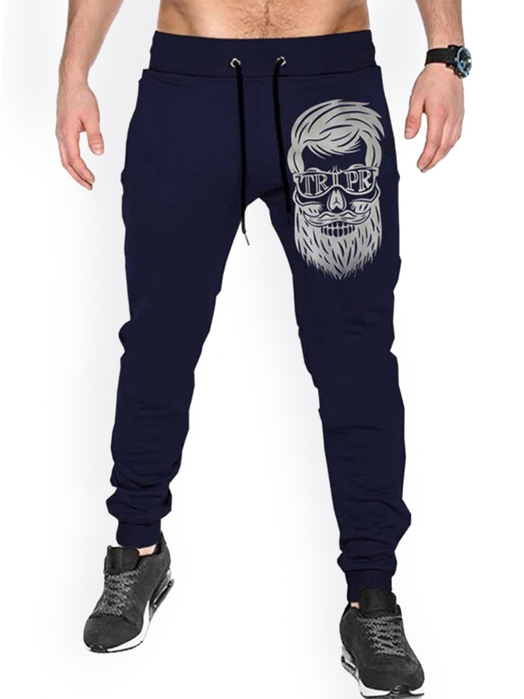 

TRIPR ORIGINALS Men Graphic Printed Regular Fit Cotton Joggers, Navy blue
