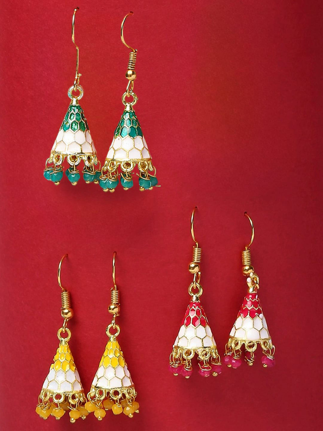 

OOMPH Set Of 3 Contemporary Meenakari Jhumkas, Gold
