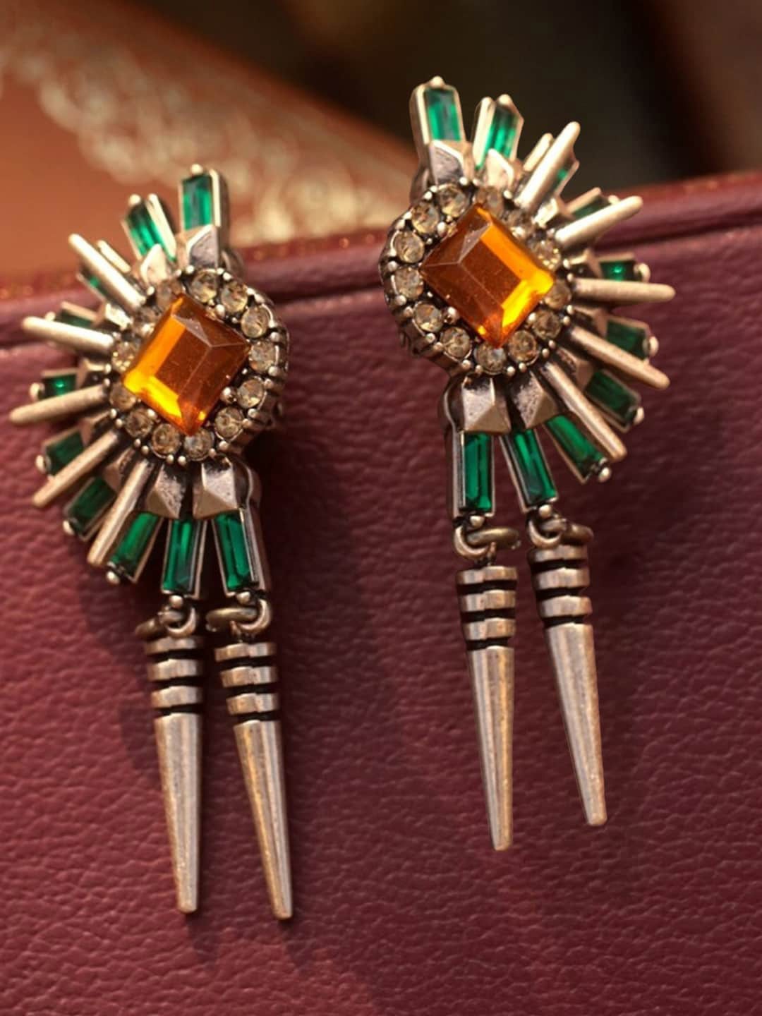 

OOMPH Floral Stone-Studded Drop Earrings, Gold