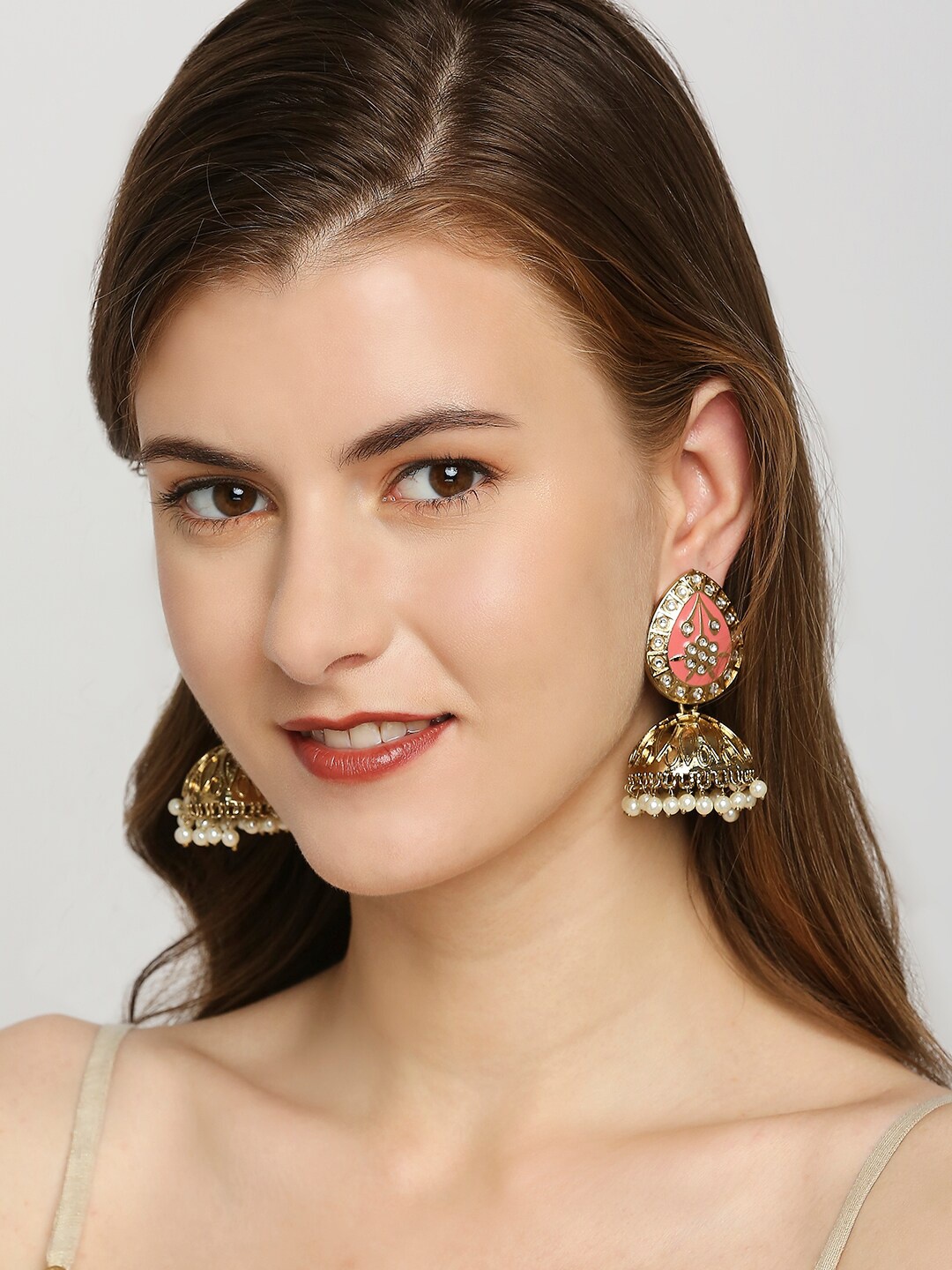

OOMPH Teardrop Shaped Meenakari Jhumkas, Gold