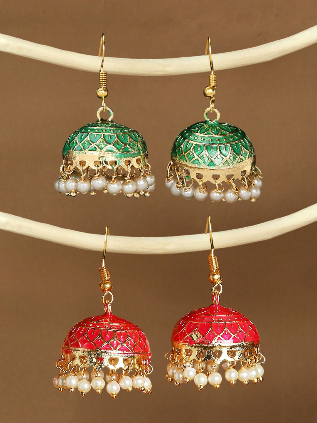 

OOMPH Set Of 2 Dome Shaped Meenakari Jhumkas, Gold