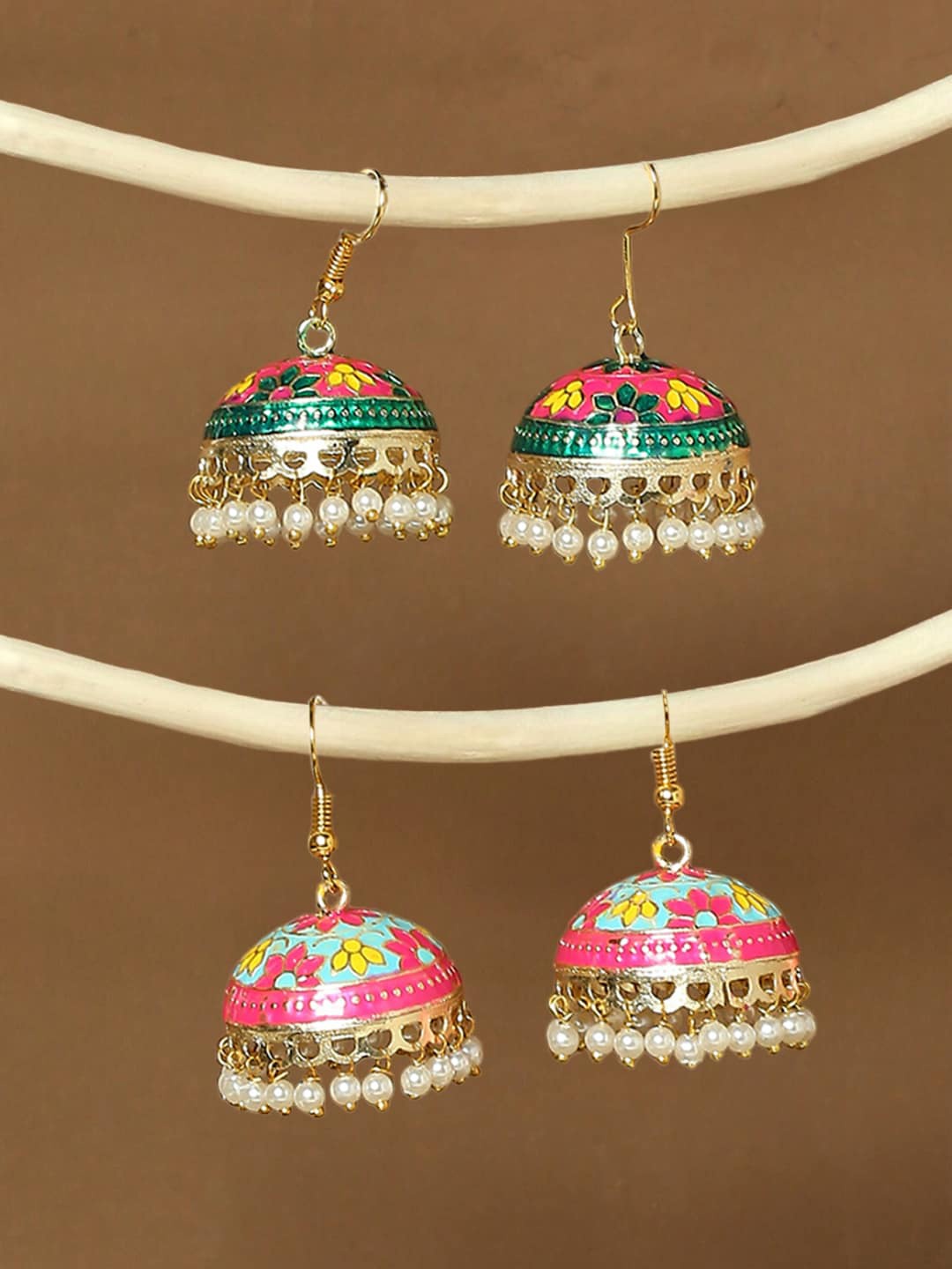 

OOMPH Set Of 2 Dome Shaped Meenakari Jhumkas, Gold