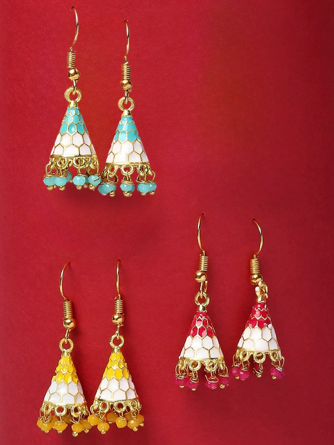 

OOMPH Set Of 3 Contemporary Meenakari Jhumkas, Gold