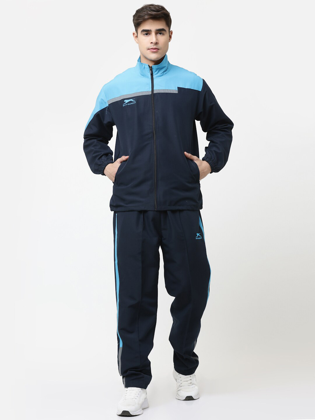 

Shiv Naresh Colourblocked Mock Collar Tracksuits, Navy blue