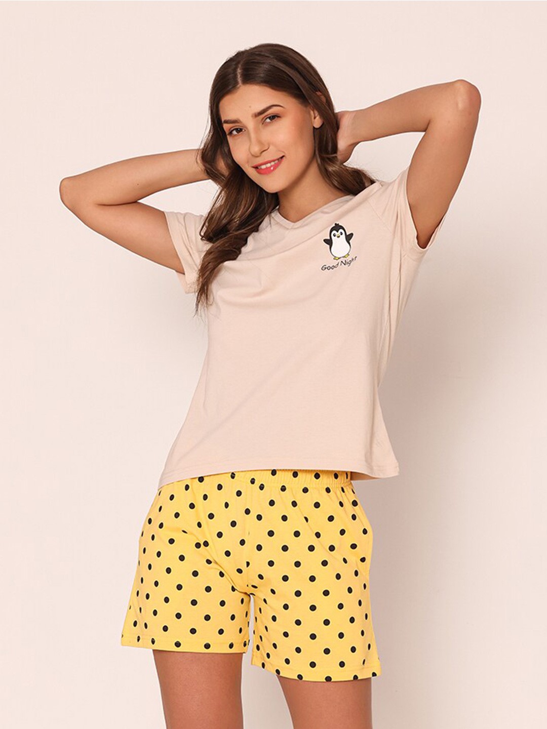 

Vami Printed Pure Cotton T-shirt With Shorts Night Suit, Beige