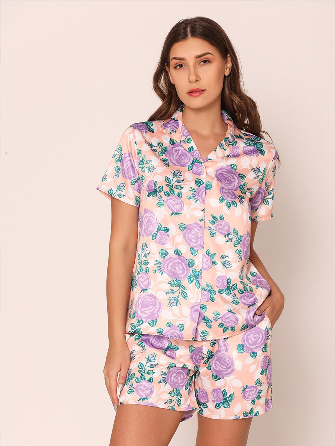 

Vami Floral Printed Shirt & Shorts Satin Night Suit, Peach