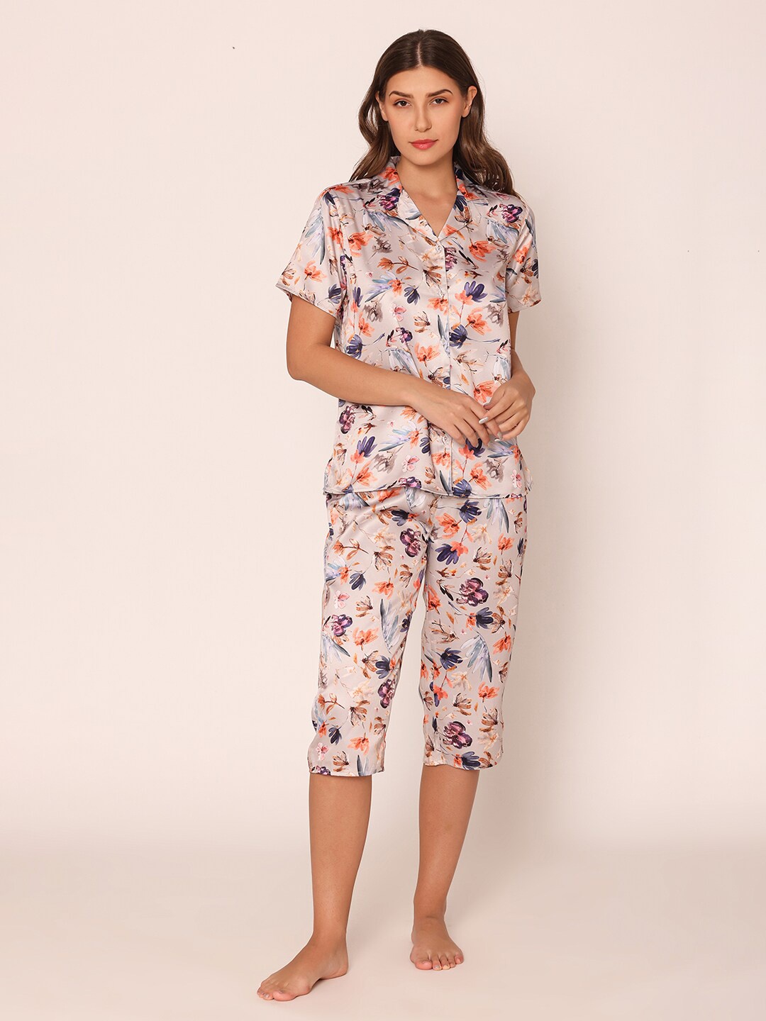 

Vami Floral Printed Shirt & Capri Satin Night Suit, Beige