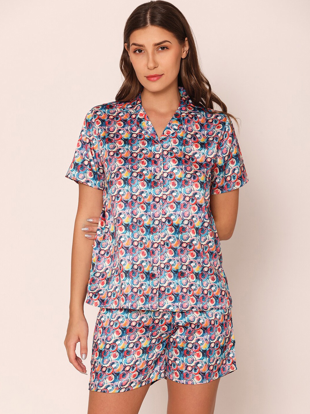 

Vami Geometric Printed Shirt & Shorts Satin Night Suit, Blue
