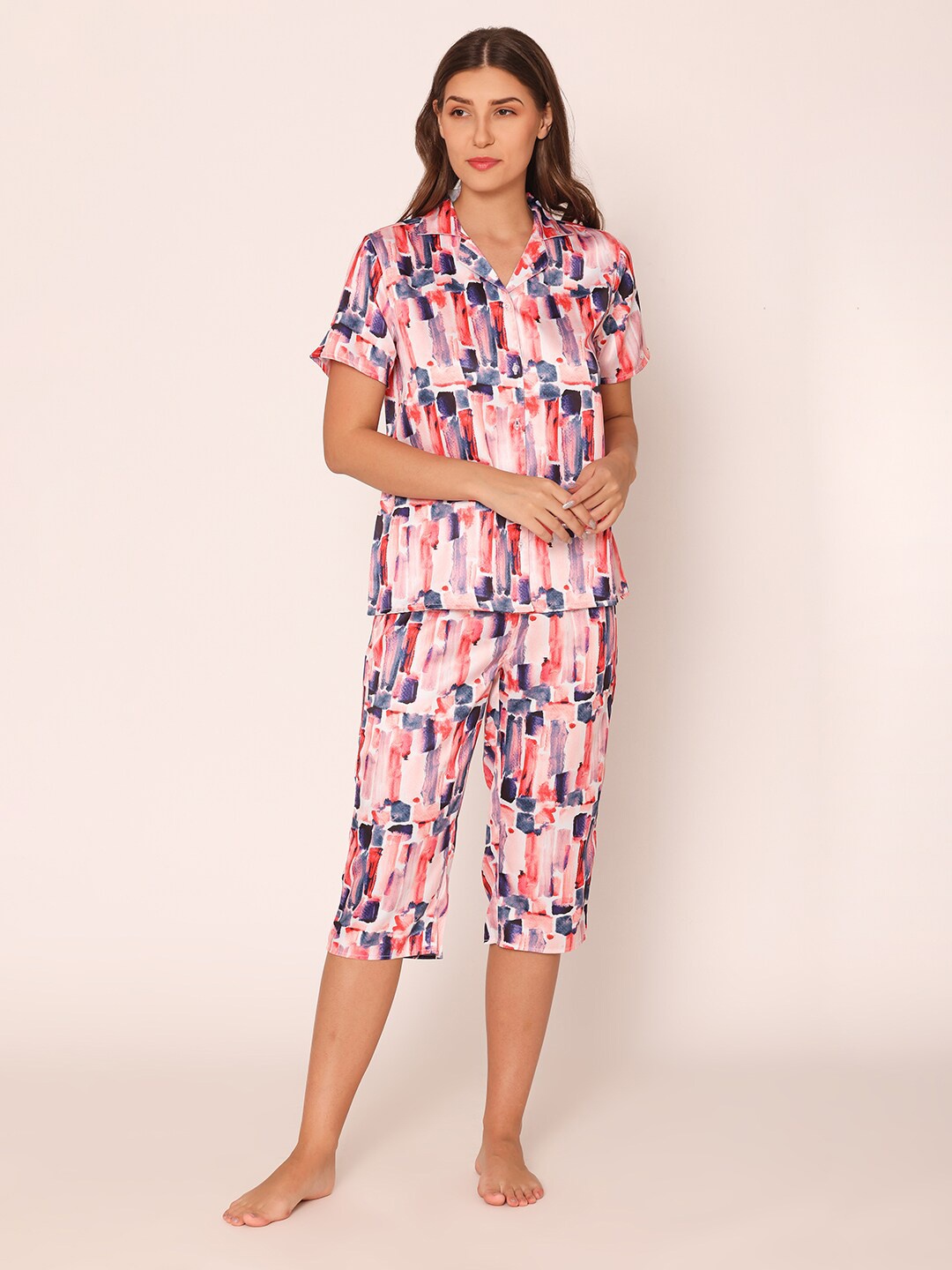 

Vami Abstract Printed Shirt & Capri Satin Night Suit, Peach