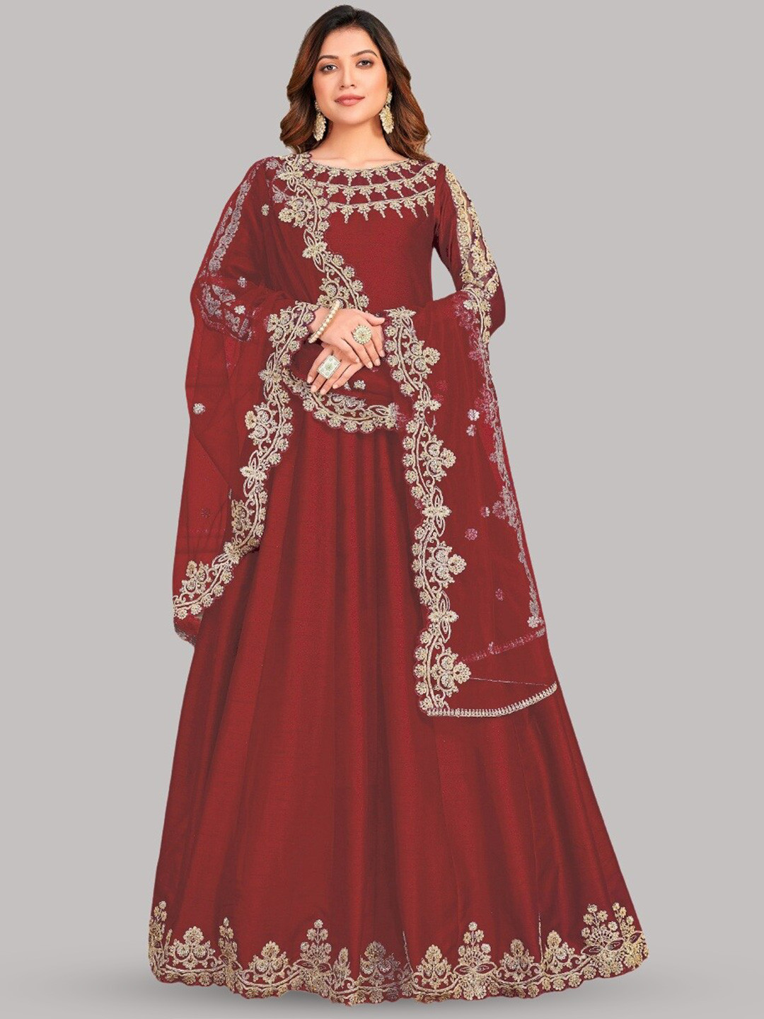 

YOYO Fashion Embroidered Pure Silk Semi-Stitched Dress Material, Maroon