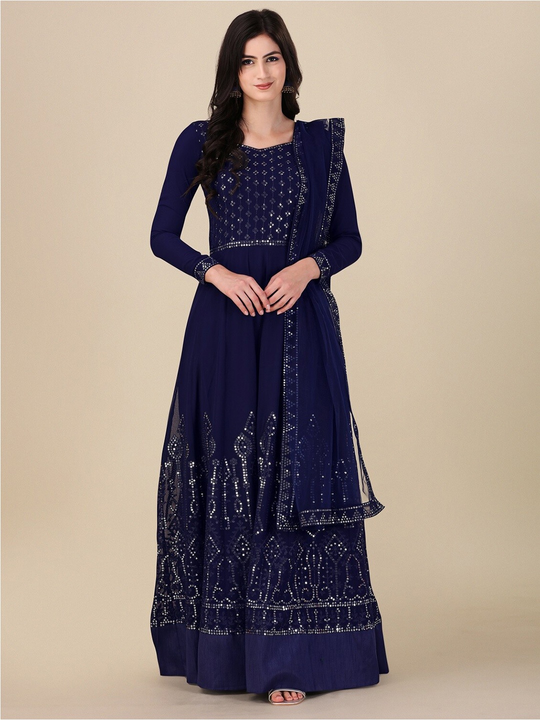 

YOYO Fashion Embroidered Sequinned Semi-Stitched Dress Material, Blue