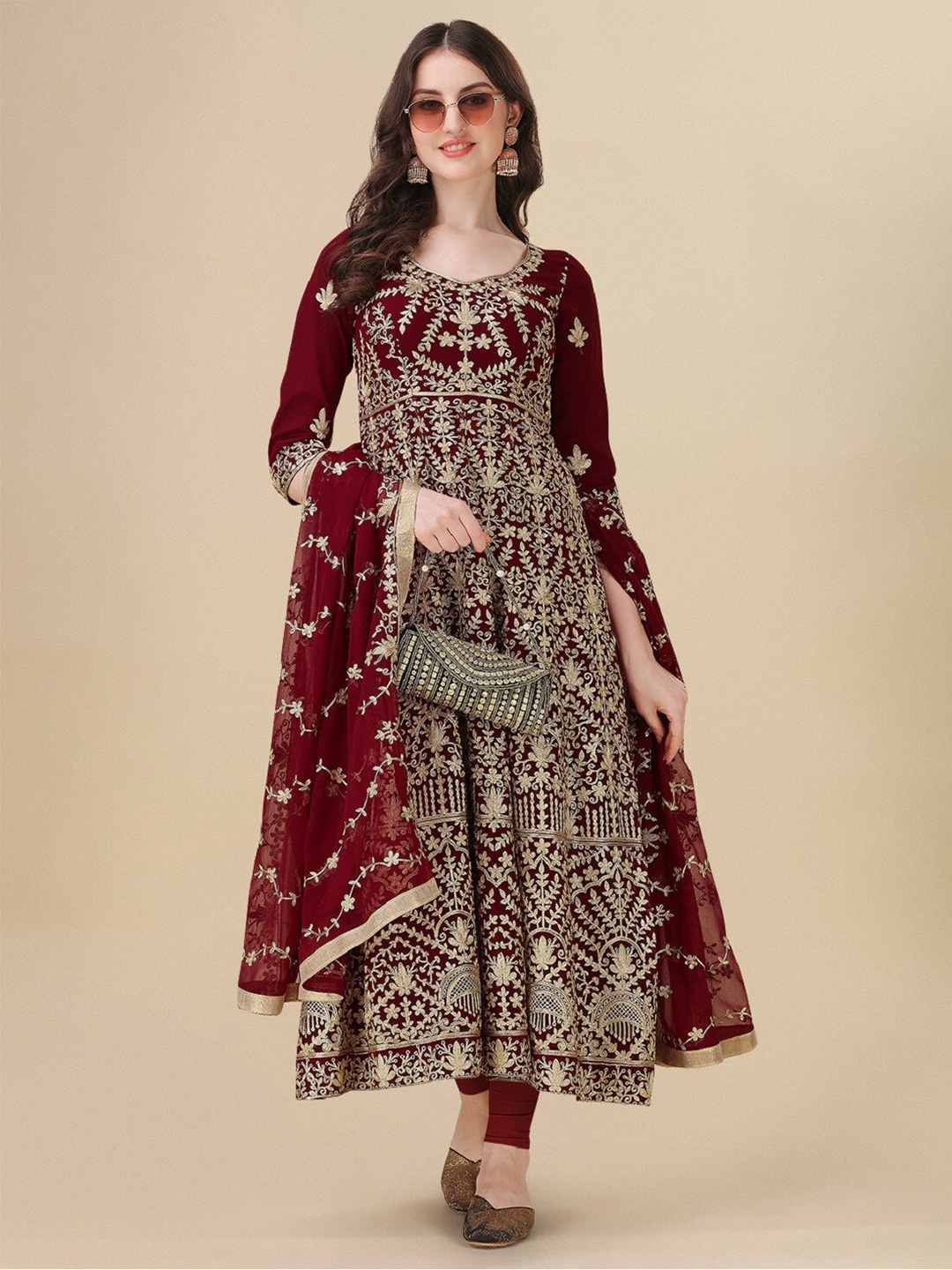 

YOYO Fashion Floral Embroidered Semi-Stitched Dress Material, Maroon