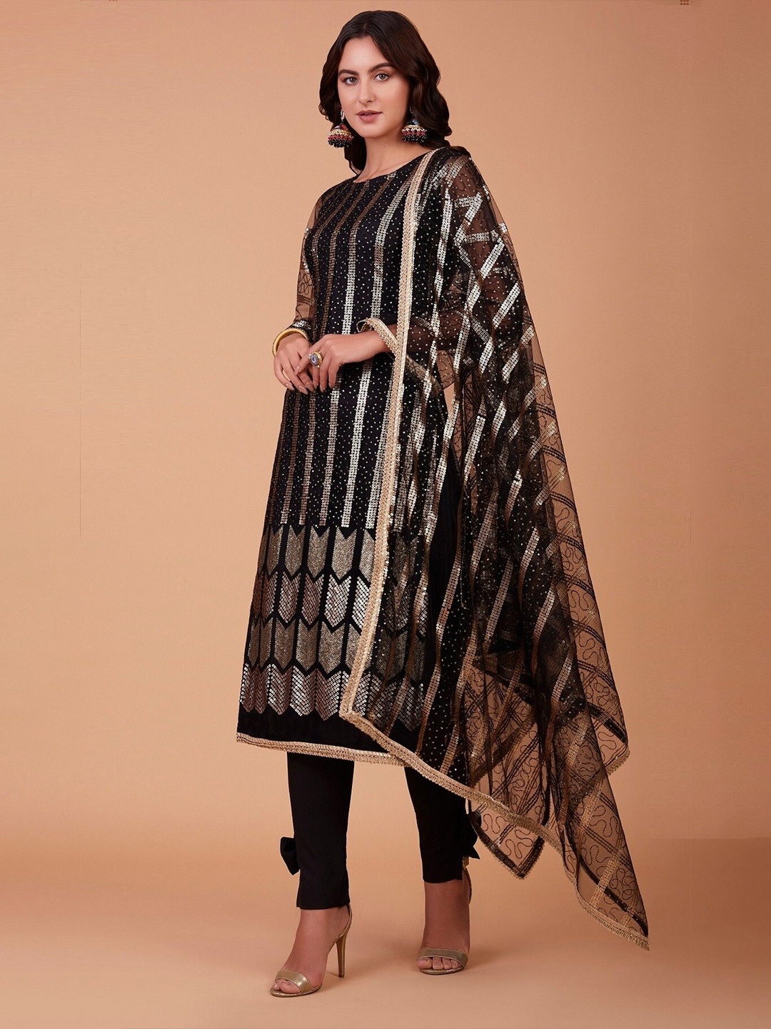 

YOYO Fashion Embroidered Sequinned Semi-Stitched Dress Material, Black
