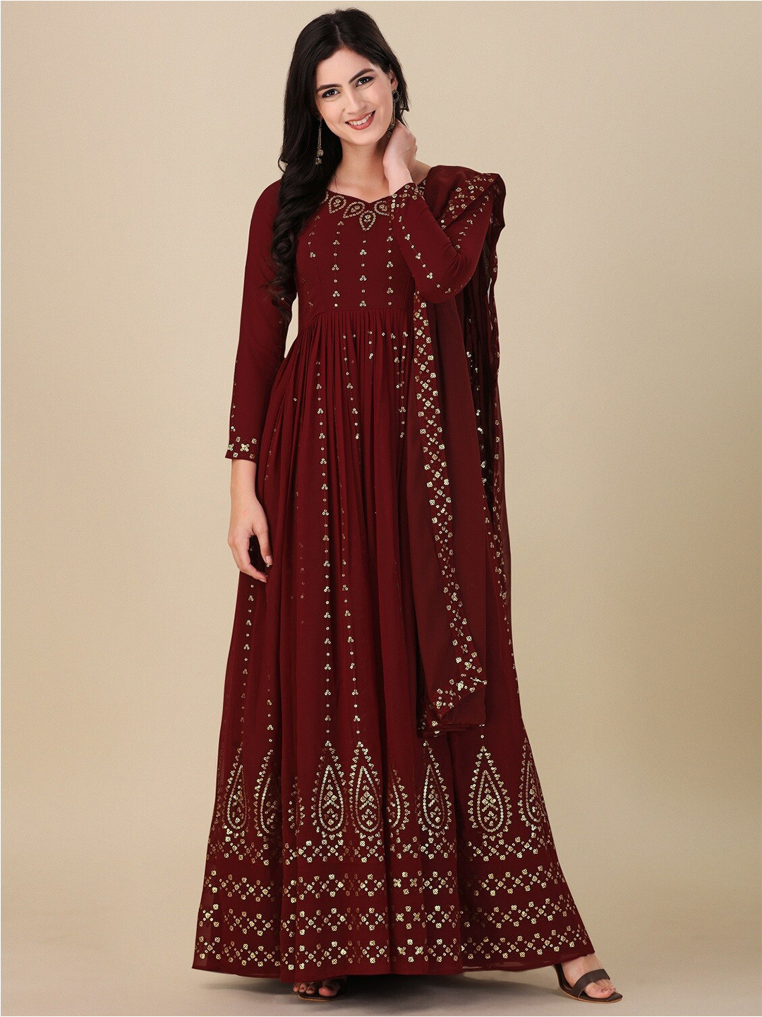 

YOYO Fashion Sequin Embellished Semi-Stitched Dress Material, Maroon