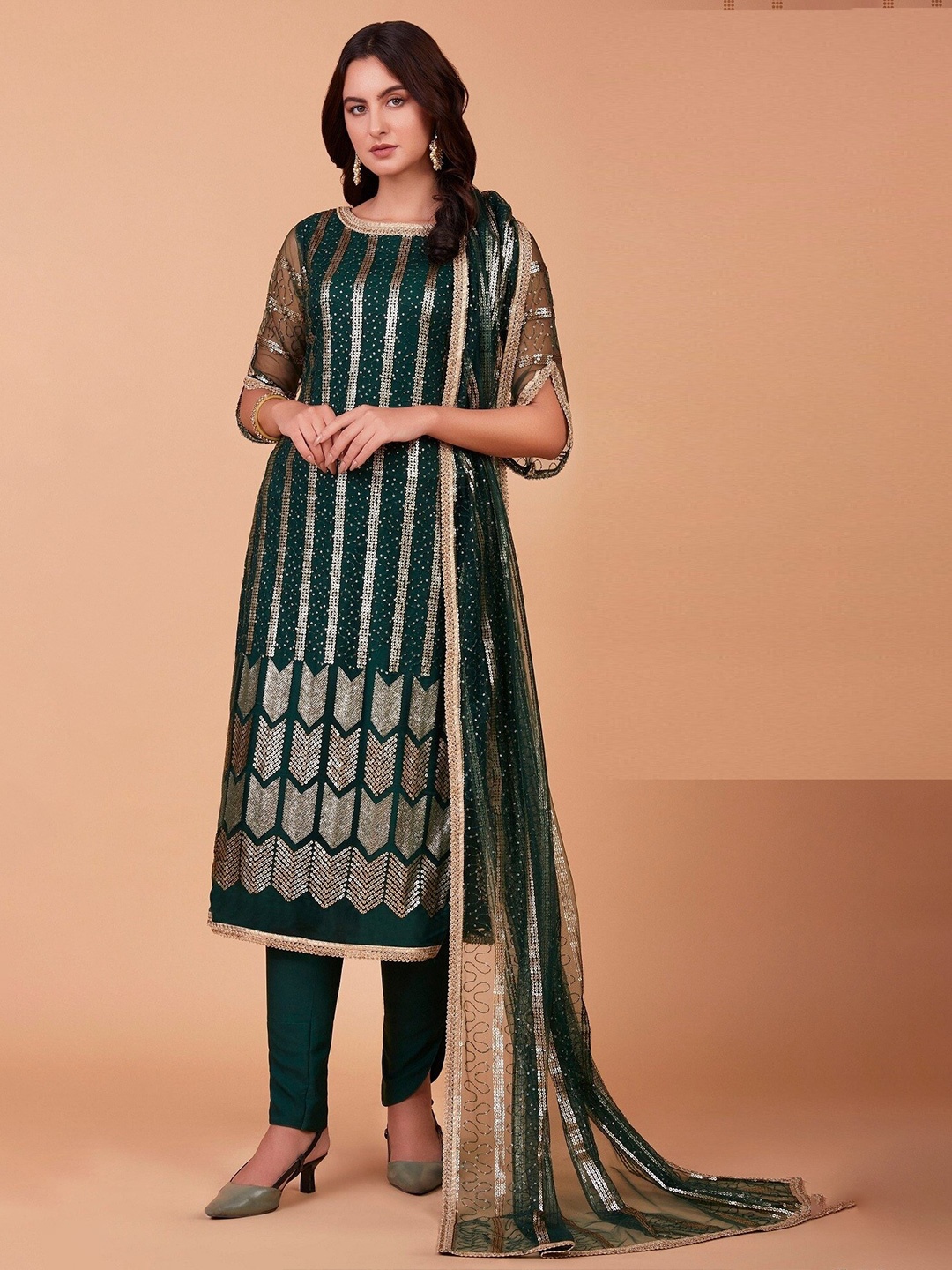 

YOYO Fashion Sequin Embellished Semi-Stitched Dress Material, Green