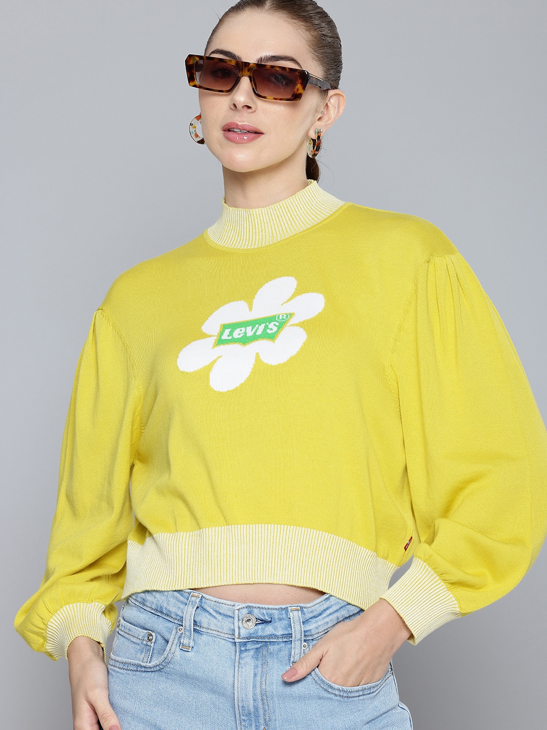 

Levis Brand Logo Self Design Puff Sleeve Crop Top, Yellow