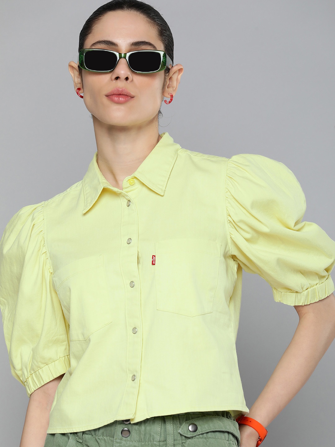 

Levis Puff Sleeve Pure Cotton Shirt Style Top, Fluorescent green