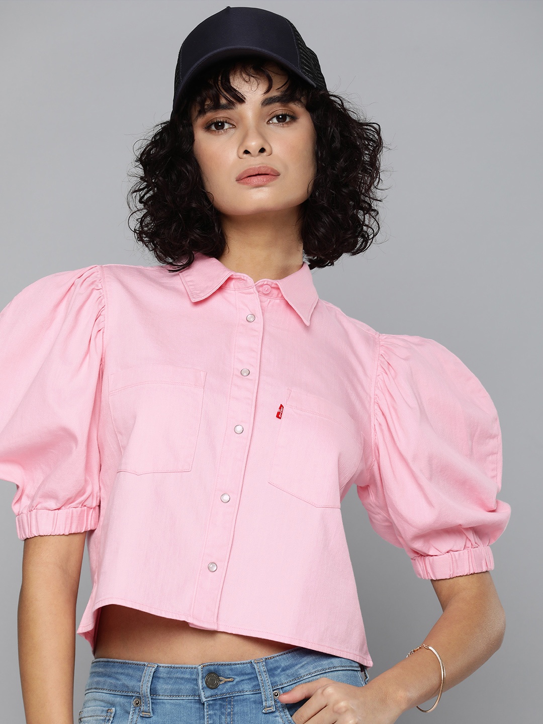 

Levis Puff Sleeve Pure Cotton Shirt Style Top, Pink
