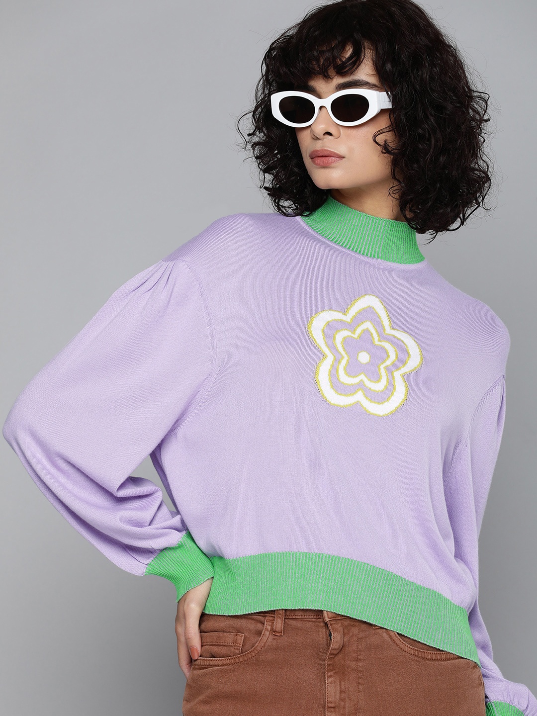 

Levis Mock Collar Self Design Floral Drop-Shoulder Sleeves Pullover Sweaters, Purple