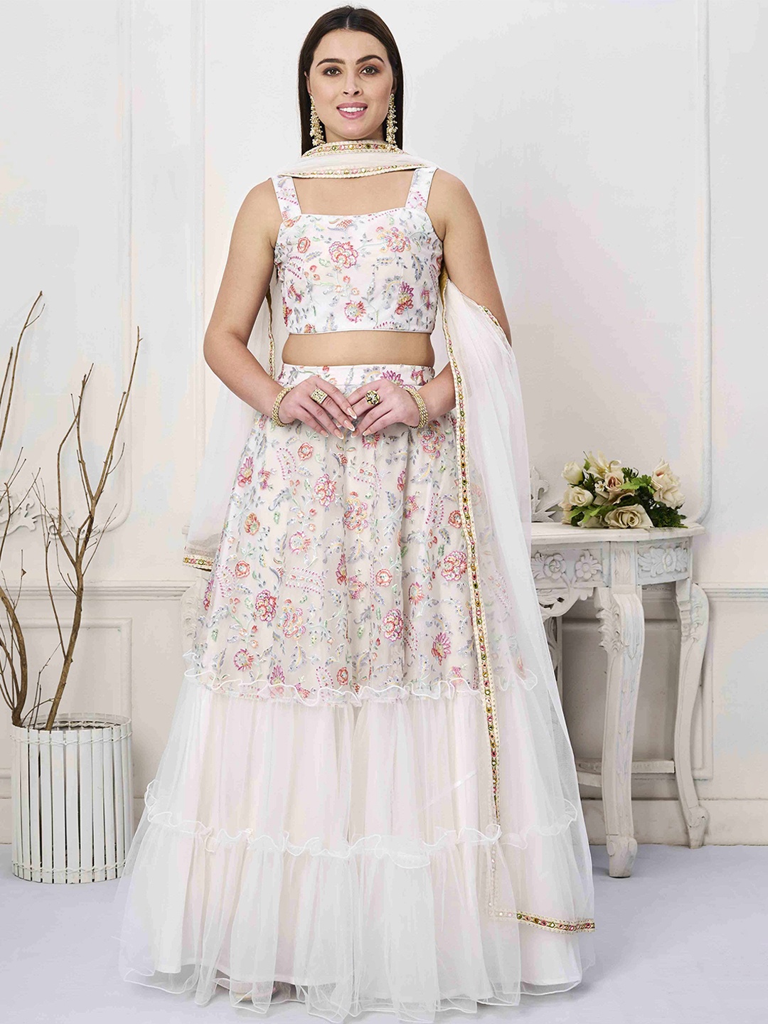 

Ethnovog Embroidered Mirror Work Ready to Wear Lehenga & Blouse With Dupatta, White