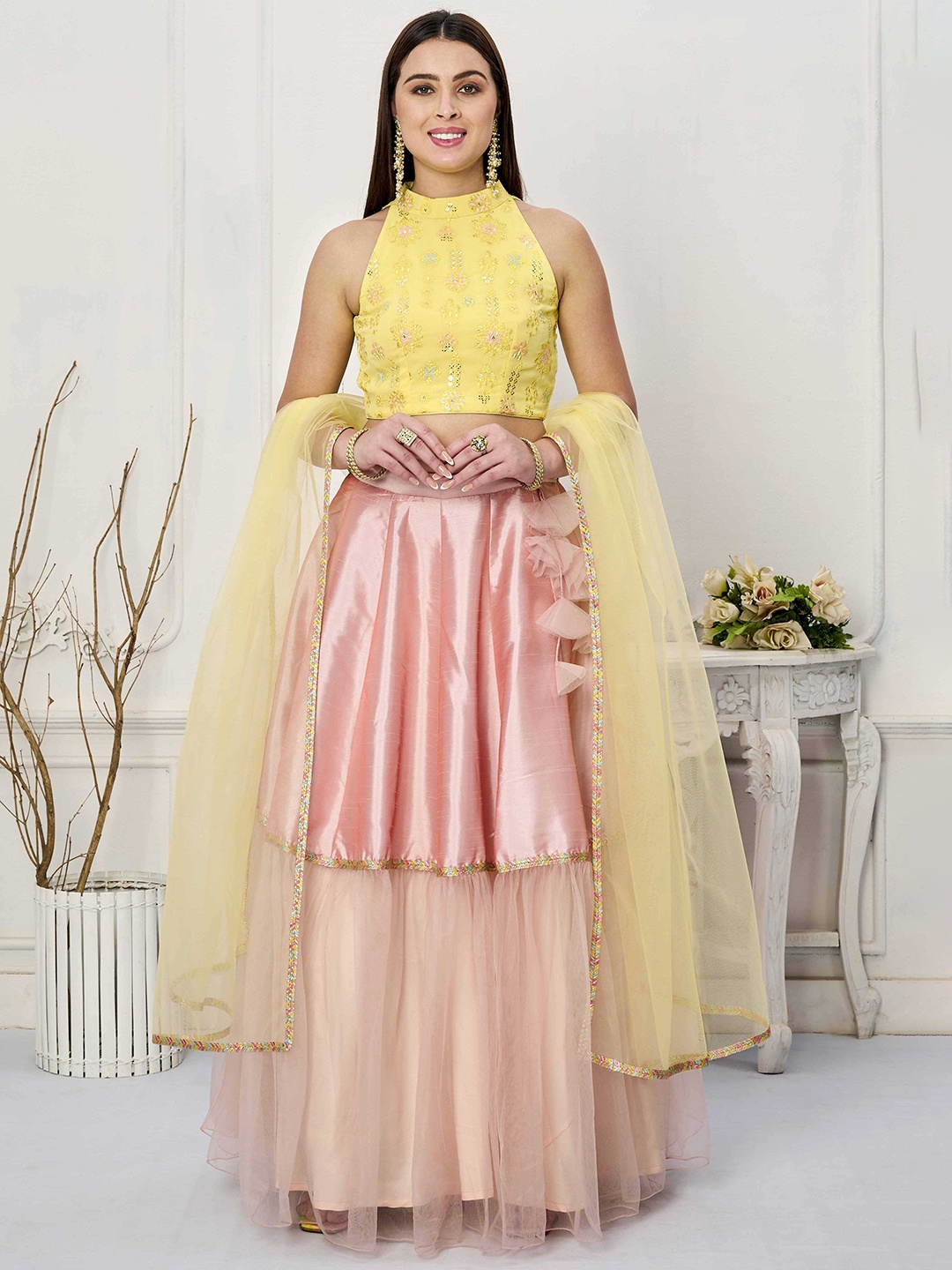 

Ethnovog Embroidered Sequinned Ready to Wear Lehenga & Blouse With Dupatta, Yellow