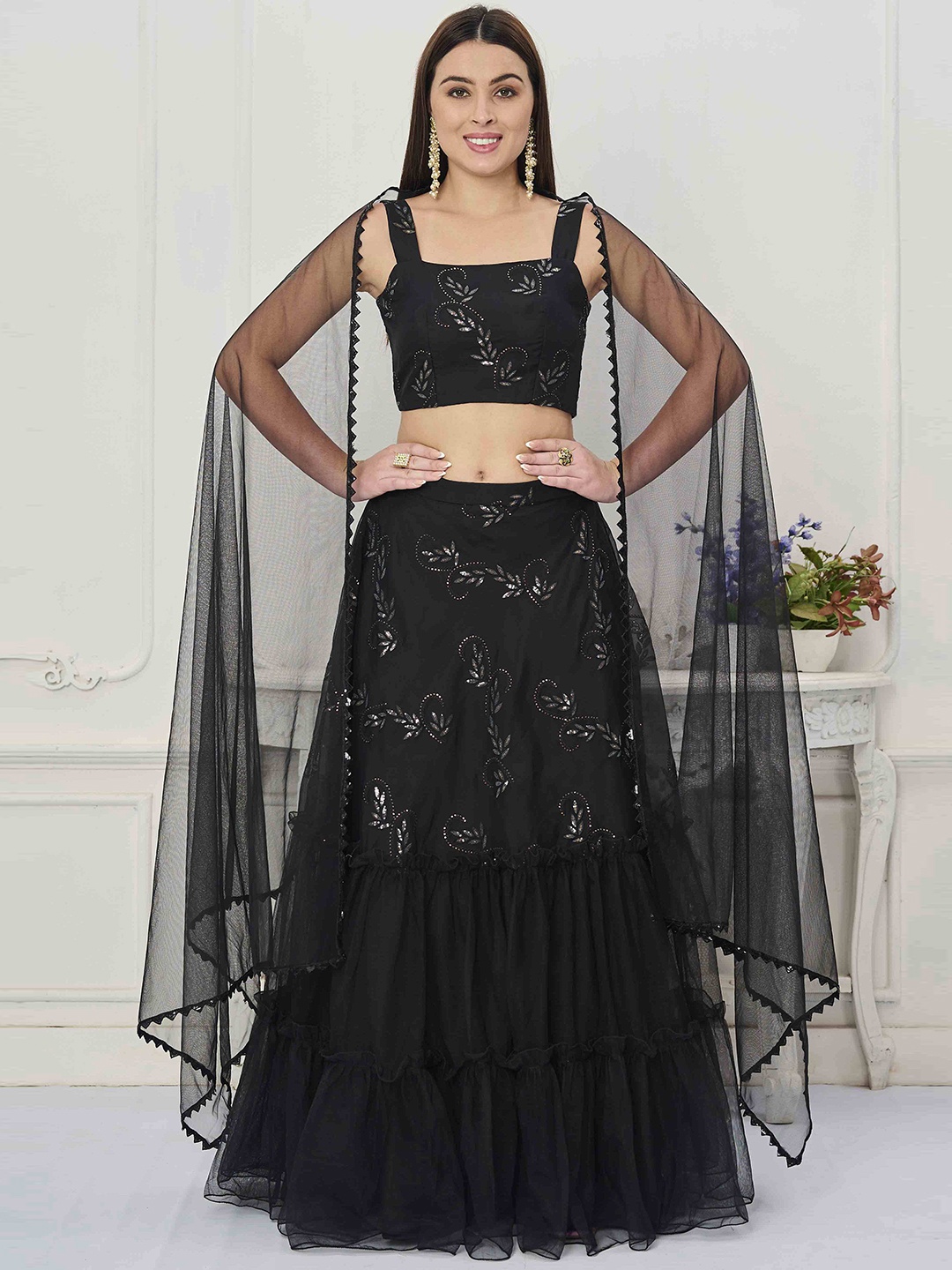 

Ethnovog Embroidered Ready to Wear Lehenga & Blouse With Dupatta, Black