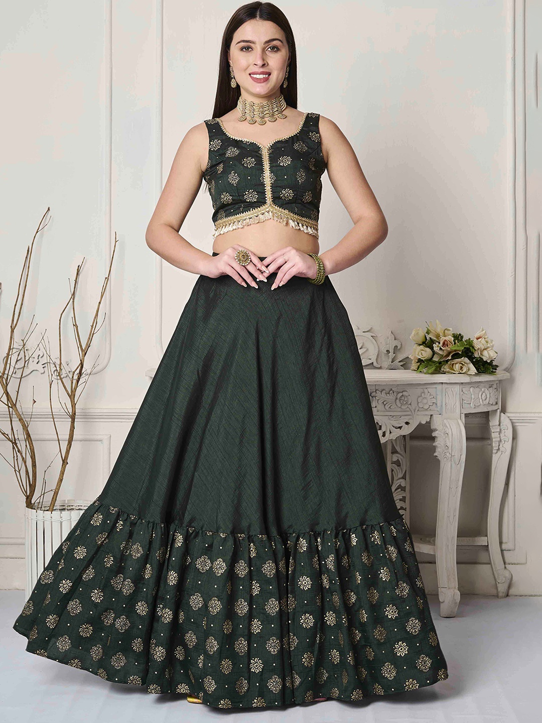 

Ethnovog Embroidered Ready to Wear Lehenga & Blouse, Green