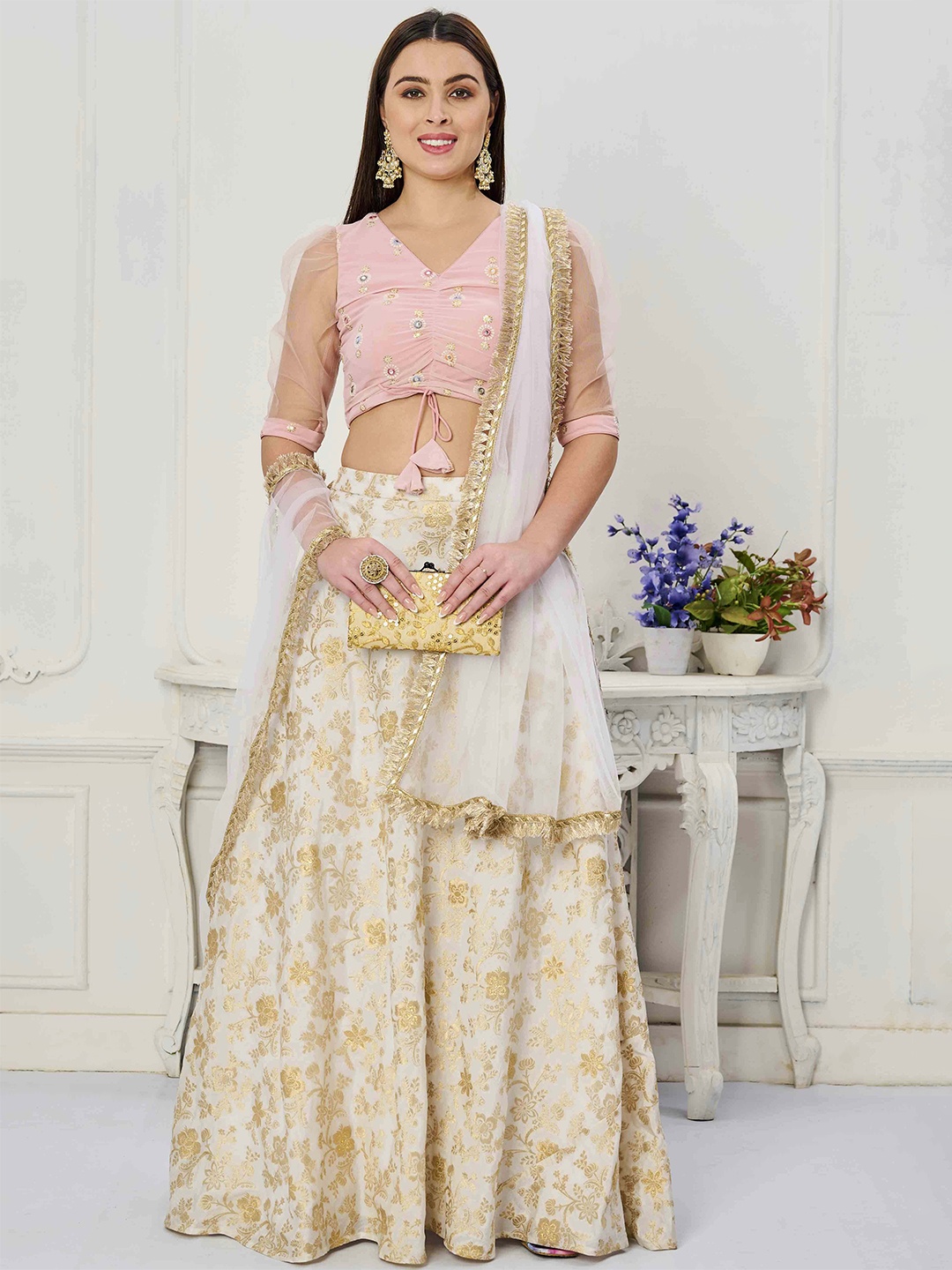 

Ethnovog Embroidered Thread Work Ready to Wear Lehenga & Blouse With Dupatta, Pink