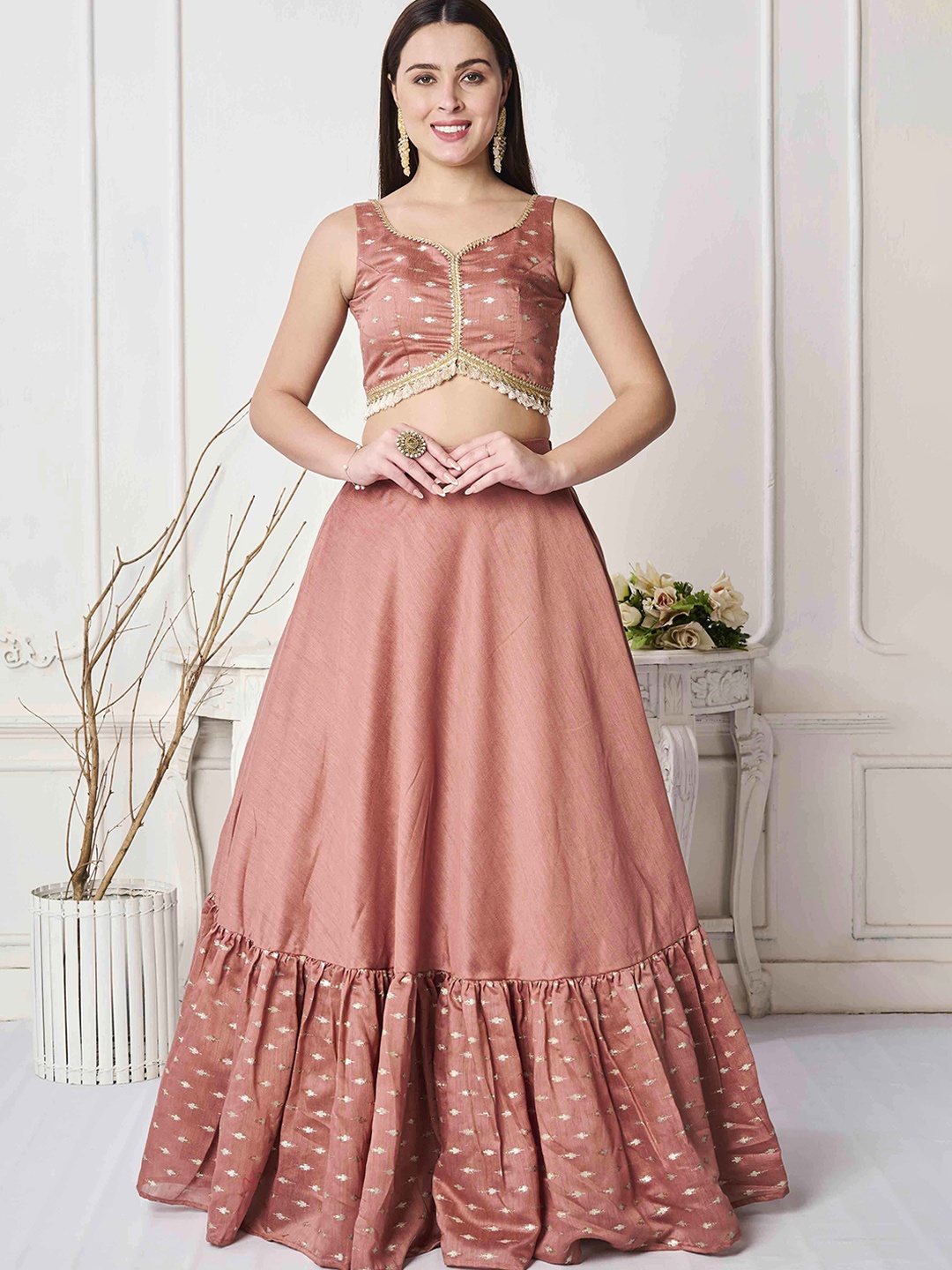 

Ethnovog Embroidered Gotta Patti Ready to Wear Lehenga & Blouse With Dupatta, Peach