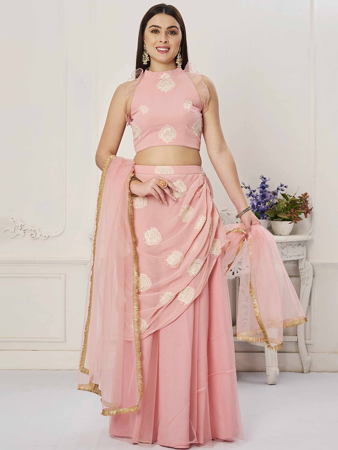 

Ethnovog Embroidered Ready to Wear Lehenga & Blouse With Dupatta, Pink
