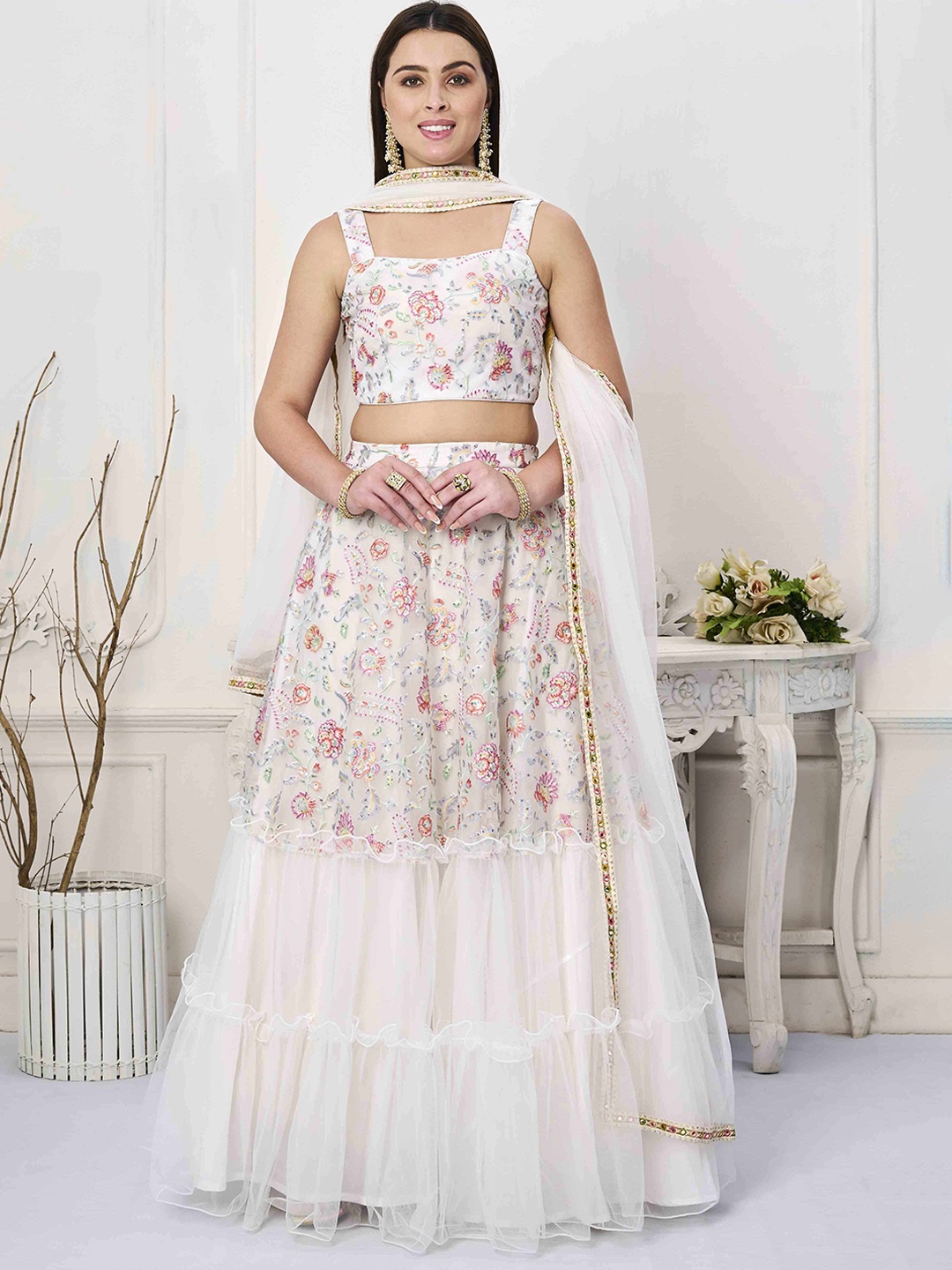 

Ethnovog Embroidered Thread Work Ready to Wear Lehenga & Blouse With Dupatta, White