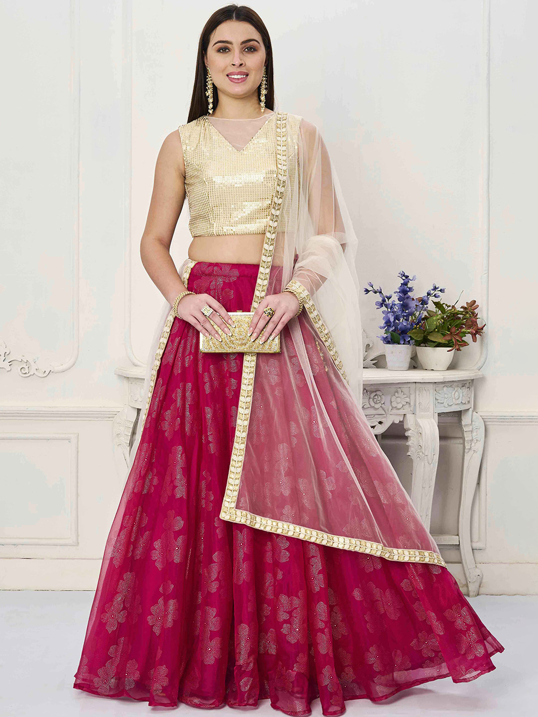 

Ethnovog Embellished Sequinned Ready to Wear Lehenga & Blouse With Dupatta, Pink